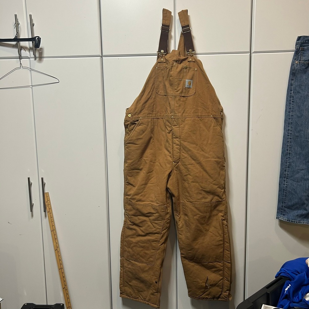 Carhartt R03 BRN Quilt Lined Duck Bib Overalls‎ Mens 46x32 Brown Made in USA